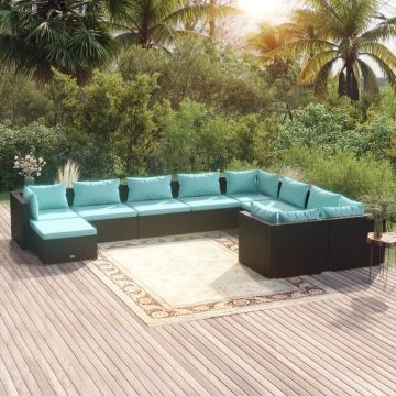 vidaXL Set mobilier de grădină cu perne, 10 piese, negru, poliratan