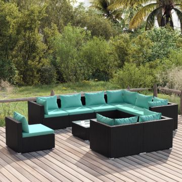 vidaXL Set mobilier de grădină cu perne, 10 piese, negru, poliratan