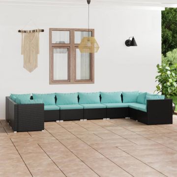 vidaXL Set mobilier de grădină cu perne, 10 piese, negru, poliratan