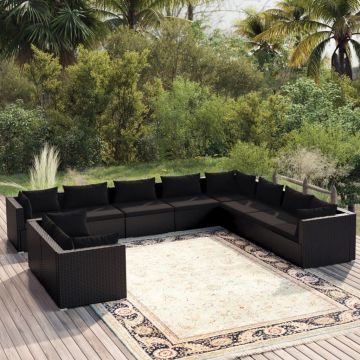 vidaXL Set mobilier de grădină cu perne, 10 piese, negru, poliratan