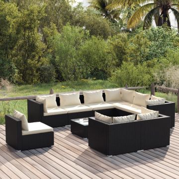 vidaXL Set mobilier de grădină cu perne, 10 piese, negru, poliratan