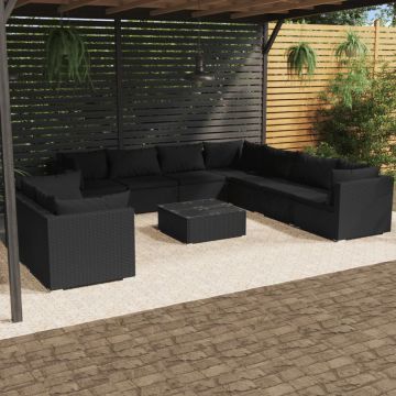 vidaXL Set mobilier de grădină cu perne, 10 piese, negru, poliratan