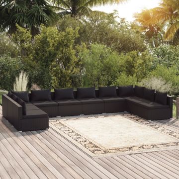 vidaXL Set mobilier de grădină cu perne, 10 piese, negru, poliratan