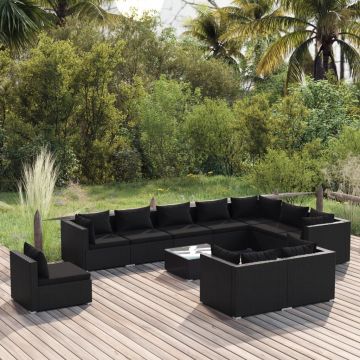 vidaXL Set mobilier de grădină cu perne, 11 piese, negru, poliratan