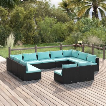 vidaXL Set mobilier de grădină cu perne, 11 piese, negru, poliratan