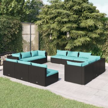 vidaXL Set mobilier de grădină cu perne, 12 piese, negru, poliratan