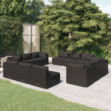 vidaXL Set mobilier de grădină cu perne, 12 piese, negru, poliratan