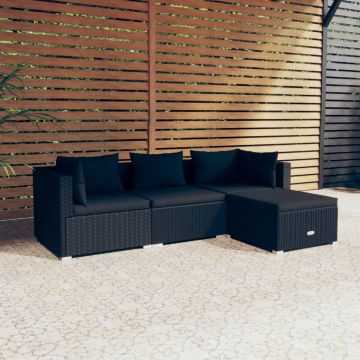 vidaXL Set mobilier de grădină cu perne, 4 piese, negru, poliratan