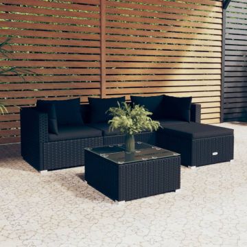 vidaXL Set mobilier de grădină cu perne, 5 piese, negru, poliratan