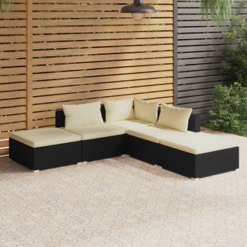 vidaXL Set mobilier de grădină cu perne, 5 piese, negru, poliratan