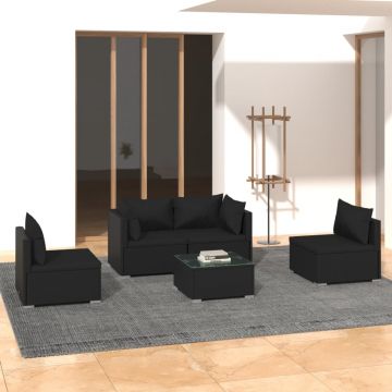 vidaXL Set mobilier de grădină cu perne, 5 piese, negru, poliratan