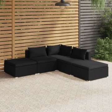 vidaXL Set mobilier de grădină cu perne, 5 piese, negru, poliratan