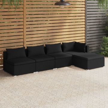 vidaXL Set mobilier de grădină cu perne, 5 piese, negru, poliratan