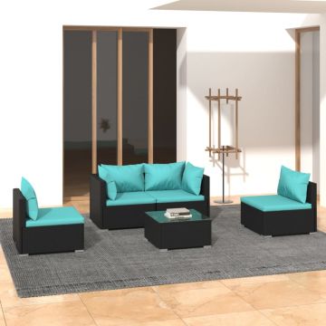 vidaXL Set mobilier de grădină cu perne, 5 piese, negru, poliratan