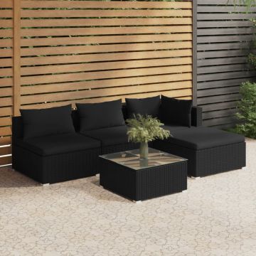 vidaXL Set mobilier de grădină cu perne, 5 piese, negru, poliratan