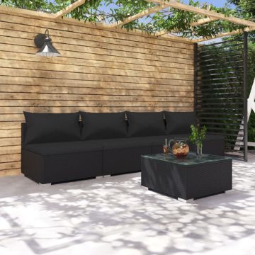 vidaXL Set mobilier de grădină cu perne, 5 piese, negru, poliratan