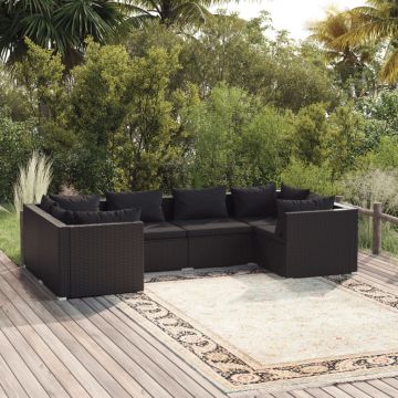 vidaXL Set mobilier de grădină cu perne, 6 piese, negru, poliratan