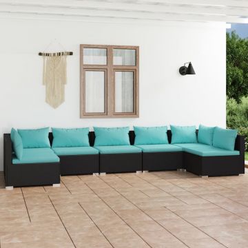 vidaXL Set mobilier de grădină cu perne, 7 piese, negru, poliratan