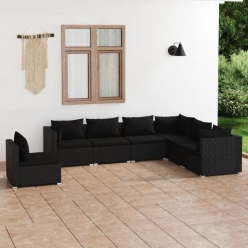 vidaXL Set mobilier de grădină cu perne, 7 piese, negru, poliratan