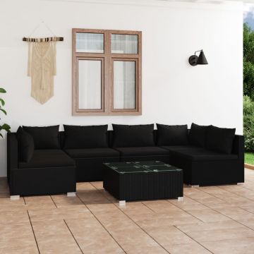 vidaXL Set mobilier de grădină cu perne, 7 piese, negru, poliratan