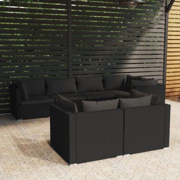 vidaXL Set mobilier de grădină cu perne, 7 piese, negru, poliratan