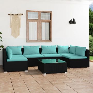 vidaXL Set mobilier de grădină cu perne, 7 piese, negru, poliratan