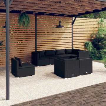 vidaXL Set mobilier de grădină cu perne, 8 piese, negru, poliratan