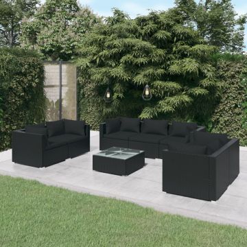 vidaXL Set mobilier de grădină cu perne, 8 piese, negru, poliratan