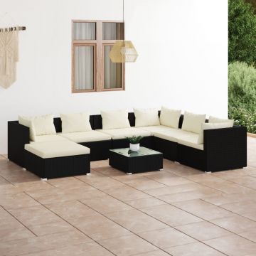 vidaXL Set mobilier de grădină cu perne, 8 piese, negru, poliratan