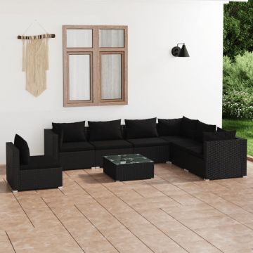 vidaXL Set mobilier de grădină cu perne, 8 piese, negru, poliratan