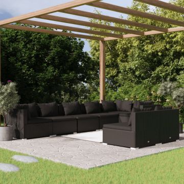 vidaXL Set mobilier de grădină cu perne, 8 piese, negru, poliratan