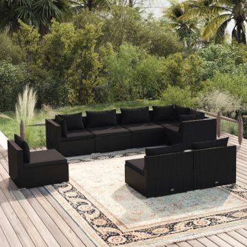 vidaXL Set mobilier de grădină cu perne, 8 piese, negru, poliratan