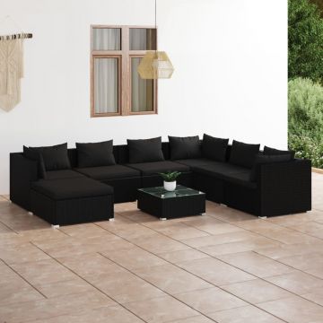 vidaXL Set mobilier de grădină cu perne, 8 piese, negru, poliratan