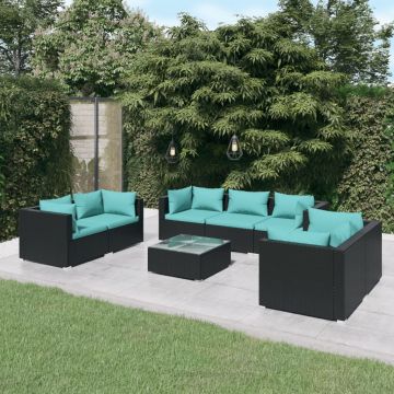 vidaXL Set mobilier de grădină cu perne, 8 piese, negru, poliratan