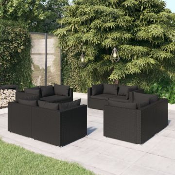 vidaXL Set mobilier de grădină cu perne, 8 piese, negru, poliratan