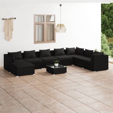 vidaXL Set mobilier de grădină cu perne, 9 piese, negru, poliratan