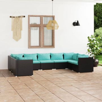 vidaXL Set mobilier de grădină cu perne, 9 piese, negru, poliratan