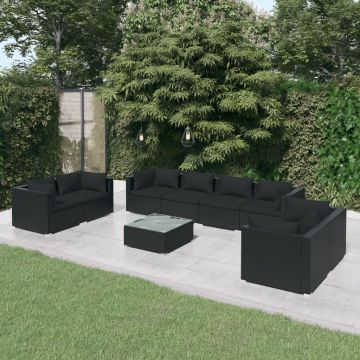 vidaXL Set mobilier de grădină cu perne, 9 piese, negru, poliratan