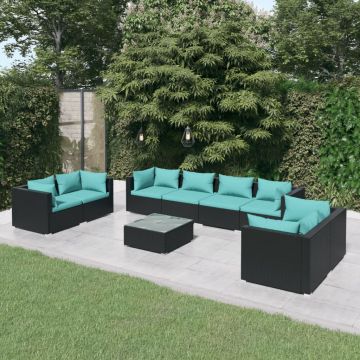 vidaXL Set mobilier de grădină cu perne, 9 piese, negru, poliratan