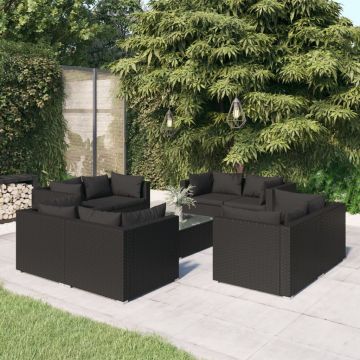 vidaXL Set mobilier de grădină cu perne, 9 piese, negru, poliratan