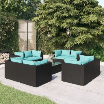 vidaXL Set mobilier de grădină cu perne, 9 piese, negru, poliratan