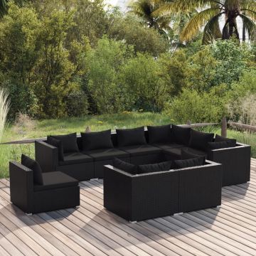 vidaXL Set mobilier de grădină cu perne, 9 piese, negru, poliratan