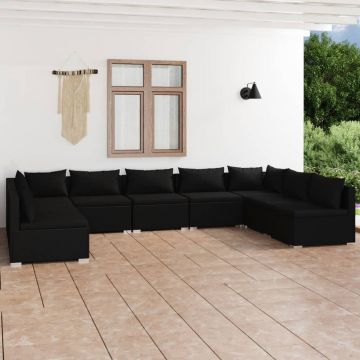 vidaXL Set mobilier de grădină cu perne, 9 piese, negru, poliratan