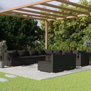 vidaXL Set mobilier de grădină cu perne, 9 piese, negru, poliratan