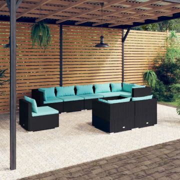 vidaXL Set mobilier de grădină cu perne, 9 piese, negru, poliratan