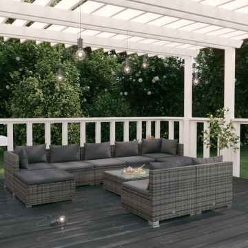 vidaXL Set mobilier de grădină cu perne, 10 piese,gri, poliratan