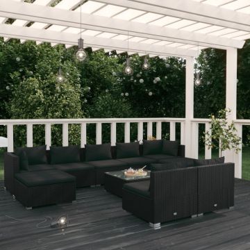 vidaXL Set mobilier de grădină cu perne, 10 piese, negru, poliratan