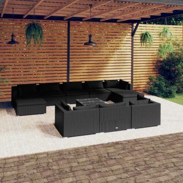 vidaXL Set mobilier de grădină cu perne, 11 piese, negru, poliratan