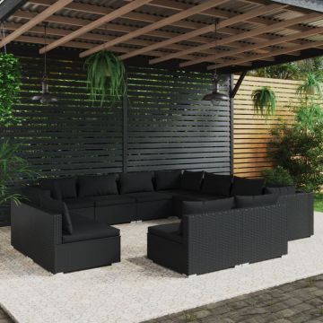 vidaXL Set mobilier de grădină cu perne, 11 piese, negru, poliratan