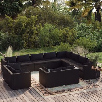 vidaXL Set mobilier de grădină cu perne, 12 piese, negru, poliratan